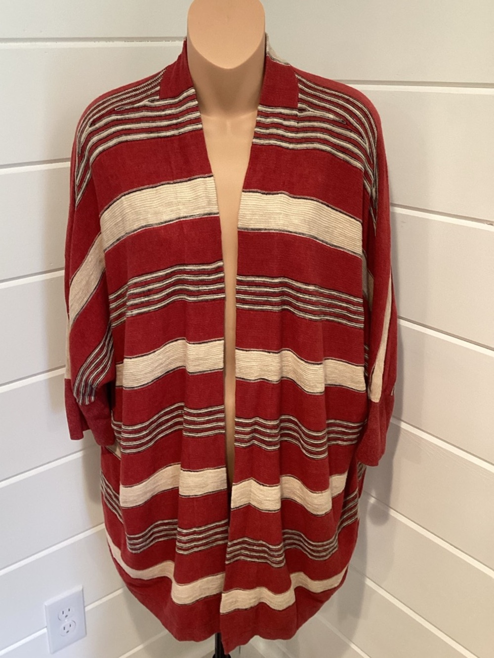 Lauren Ralph Lauren Red Striped Open Front Linen Cotton Cardigan Sweater 1X